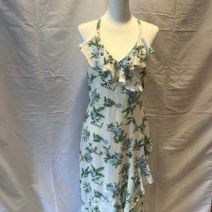 Women’s Faux Wrap Maxi Dress White Blue Green Floral Racerback Lined Gown Large - Picture 1 of 9