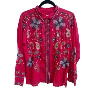 Johnny Was NWT Audrey Embroidered Button Down Shirt Ski Patrol Red Long Slv Sz S - Picture 1 of 8