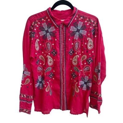 Johnny Was NWT Audrey Embroidered Button Down Shirt Ski Patrol Red Sz S Boho - Image 1 of 4