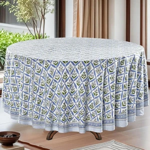 Runde Tischdecke - Hand Blockdruck 100% Baumwolle Wiederverwendbar Hell Stahlblau 90... - Bild 1 von 9