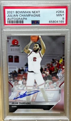 JULIAN CHAMPAGNIE PSA 9 ON-CARD AUTO 2021 BOWMAN NEXT 26A /99 ROOKIE SPURS POP 1 - Image 1 of 4