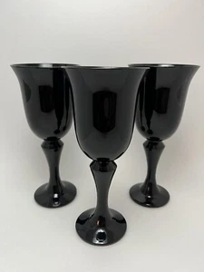 Set of 3 Solid Black Glass Stemmed Goblets / Wine Glasses 10 oz - Picture 1 of 6