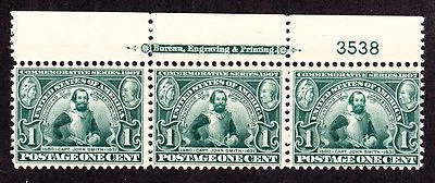 US 328 1c Jamestown Exposition Mint Plate #3538 Strip of 3 F-VF OG NH SCV $220 - Image 1 of 2