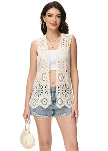 Floral Crochet Cardigan Women's Lace Trim Sleeveless Open Front Vest | 6 colors - Picture 1 of 30