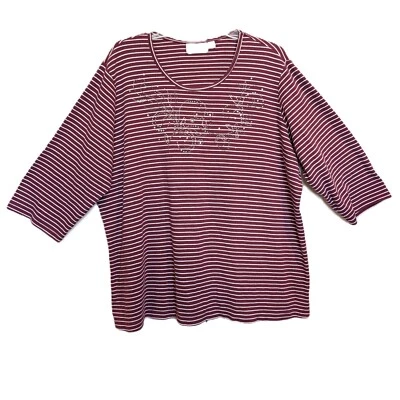 Quacker Factory Sweater Lightweight Maroon & White Stripe Size 2X - Image 1 of 4