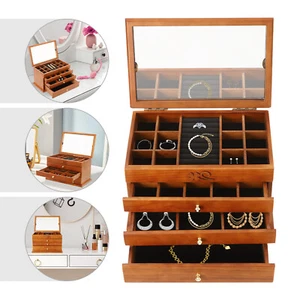 Wooden Jewelry Box Jewelry Storage Ring Earrings Organizer Case with Drawer NEW - Picture 1 of 12