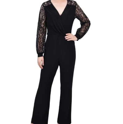 NY Collection Jumpsuit Women's Size Large Petite Black Long Lace Sleeve New - Image 1 of 3
