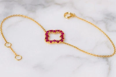 Natural Ruby Flower Bracelet Solid 10K solid Yellow Gold Delicate & Dainty - Image 1 of 4