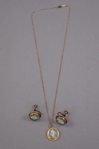 Wedgwood Sage-Green Jasper Demi-Parure Sterling Silver GF Earrings Necklace - Picture 1 of 1