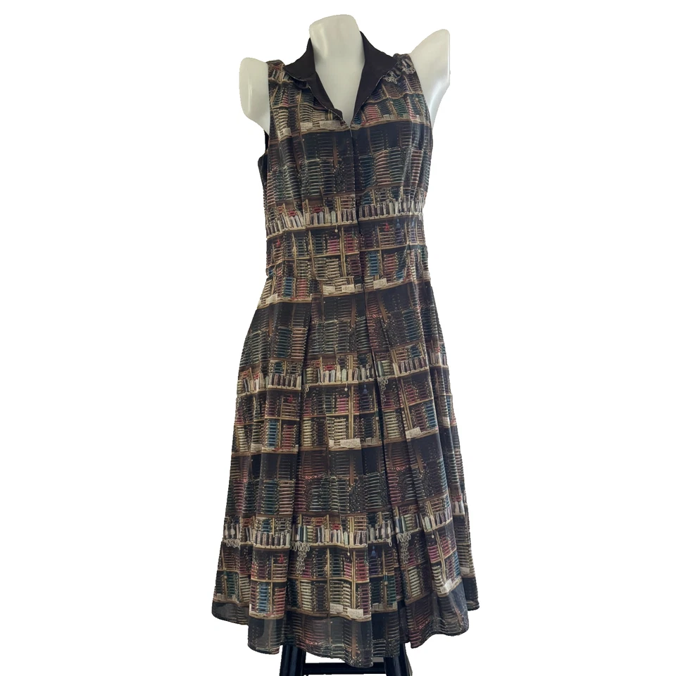 Vestido AKRIS Marrón HILO DE COSER Estampado HUESO Midi Plisado Biblioteca Libro Diseñador 8 Foto 1 de 4