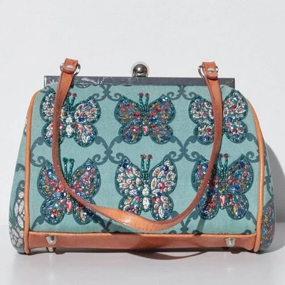 Vintage 1960s Beaded Butterfly Purse Teal Blue Fabric Handbag Faux Leather Strap - Image 1 of 4