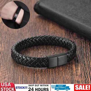 Black Bracelet Men's Braided Leather Bangle Stainless Steel Cuff Wristband USA - Bild 1 von 15