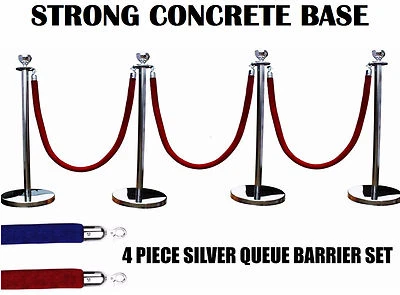 4 SILVER QUEUE BARRIER CONCRETE POSTS ROPE CROWD CONTROL STANCHION SILVER - Image 1 of 4