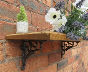 SOLID OAK WOOD HANDMADE SHELVES rustic Shelf cast iron shelf brackets - Picture 1 of 6