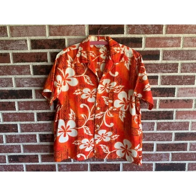 Vintage 1950s Mens Orange Ivory Floral Barkcloth Hawaiian Shirt Sea Island Swim - Image 1 of 4