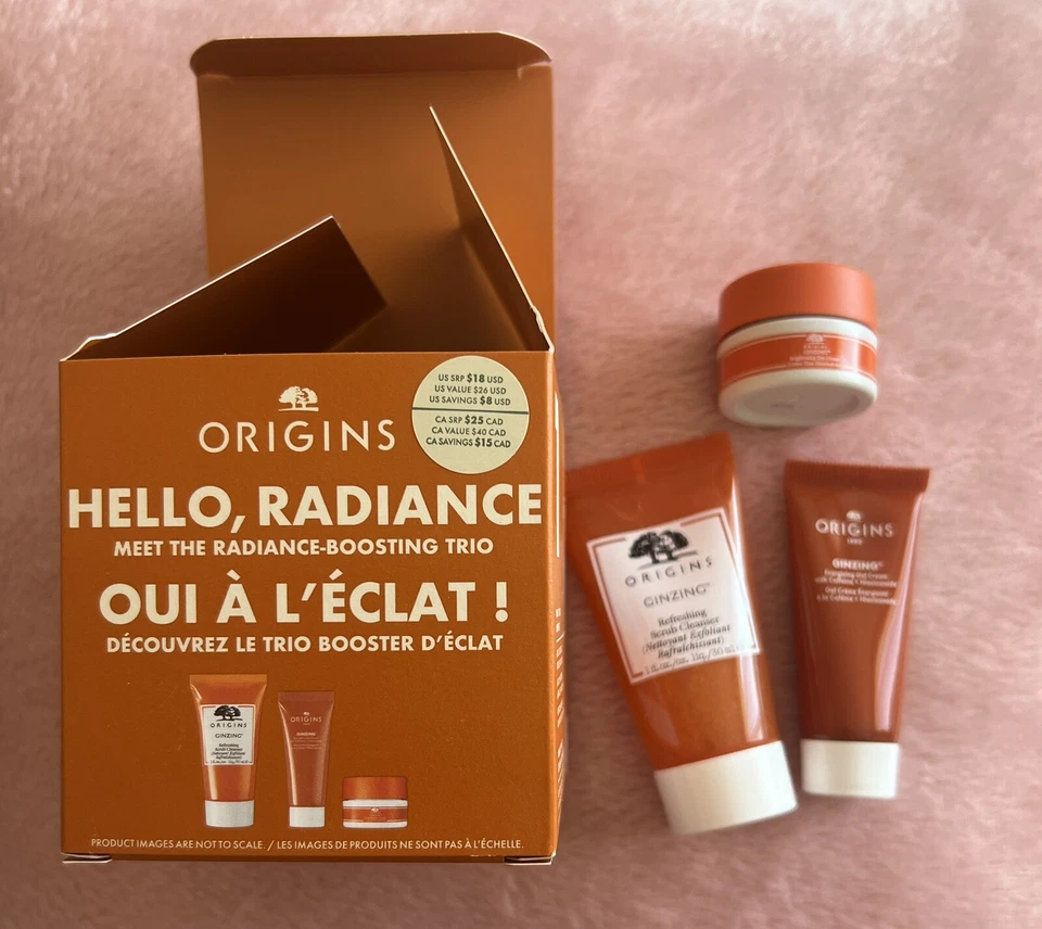 ORIGINS HELLO, RADIANCE - Juego de trío potenciador - Exfoliante ginzing, crema en gel, crema para ojos Foto 1 de 1