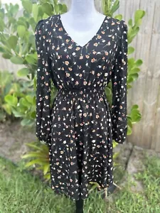 SHEIN Black Floral Dress Long Sleeve Elastic Waist And Cuff V-Neck Size Large - Picture 1 of 8