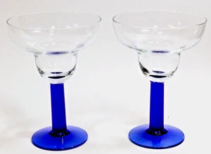 Vintage Set of 2 Blown Glass Margarita Glasses Clear Bowl Thick Cobalt Blue Stem - Picture 1 of 5