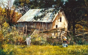 June Dudley Morning Chat Goat Country Barn Boy with Milk Pail 30x19 in - Picture 1 of 1