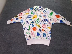 Vintage HMJ Womens Shirt White Large Dolman Sleeve Fish Ribbed 80s 90s Retro Fun - Picture 1 of 14