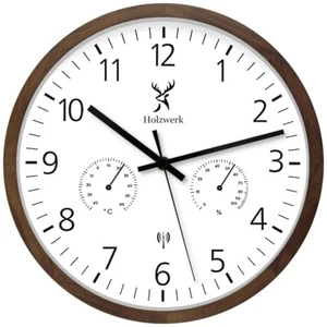 Holzwerk WEGBERG Holz Funk-Wanduhr mit Hygro- & Thermometer Funkuhr 30 cm, braun - Bild 1 von 7