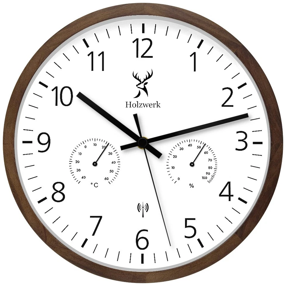 Holzwerk WEGBERG (FUNK) Holz Wanduhr, 30 cm Ø Hygro- & Thermometer Funkwanduhr - Bild 1 von 4