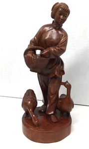 Vintage Handcarved Rosewood Asian Girl with Basket and Geese Figure Statue - Picture 1 of 21