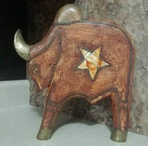 CLEARANCE - Hand Carved Wood & Brass Raging Bull w Inlay Figurine 12" - Picture 1 of 6