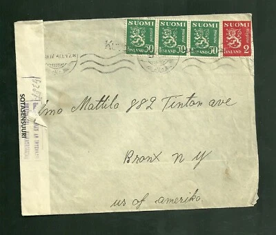 1940 Finland Censor Mail Cover From Suomi Finland to Bronx New York - Image 1 of 2
