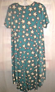 LULAROE SZ M Pullover Short Sleeve Nightgown Green Yellow Orange Stars BOX09 - Picture 1 of 3