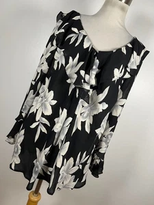 Ralph Lauren 16W Shirt Top Black Gray Silk Floral Ruffle V Neck Button Front F3 - Picture 1 of 6