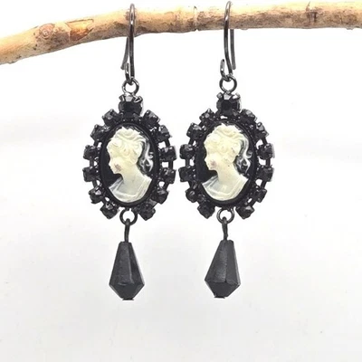 Brincos camafeu gótico preto oval estilo vintage gota pendurada pedra preciosa - Imagem 1 de 4