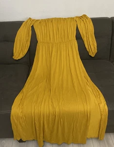 Boohoo Women's Plus BardotDress Sz 12 Off the Shoulder Maxi Mustard High Slit - Picture 1 of 12