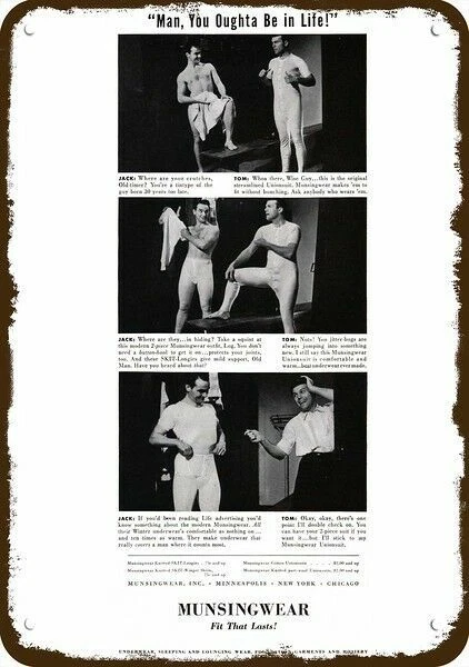 1940 Munsingwear Ropa interior para hombre DECORATIVA LETRERO DE METAL - GAY JACK & TOM Foto 1 de 1