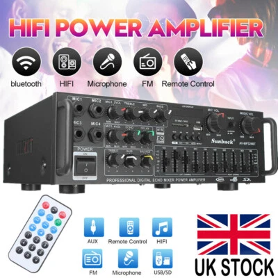 2000W Digital Power Amplifier Bluetooth Stereo HiFi Audio 2CH USB SD FM Car Home - Image 1 of 4