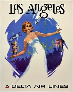 Original Vintage Poster LOS ANGELES DELTA AIR LINES Airline Travel Tourism LINEN - Picture 1 of 5