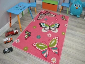 Girls Boys Rug Mat Pink Butterfly Animal Non Slip Large Small Bright Bedroom UK - Picture 1 of 2