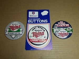 Vintage Minnesota Twins 1987 1991 MLB World Series Champions Button Pin Lot of 3 - Picture 1 of 5