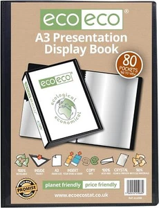 eco-eco A3 80 Pocket Presentation Display Book 50% Recycled Black Filing Office - Picture 1 of 5