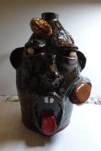 Vintage Artist MIKE LEDFORD NC Primitive/Folk Art Pottery Clay SNAKE FACE JUG - Picture 1 of 14