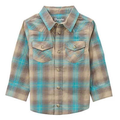 112369522 Wrangler Boys' Retro Long Sleeve Snap Shirt - Tan/Turquoise NEW - Image 1 of 2