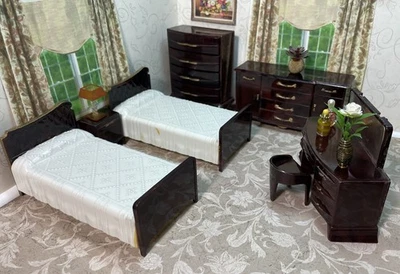 Plasco  7 PC BEDROOM SET  Vintage Tin Dollhouse Furniture Renwal Miniature 1:16 - Image 1 of 4