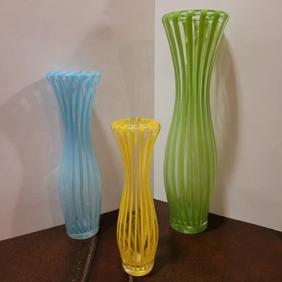 3 Crate & Barrel Hand Blown Spring Vases Vertical Stripes, Green, Blue, Yellow - Image 1 of 4