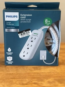 NEW Philips Elite 3-Outlet Surge Protector w/ 8ft Braided Extension Cord , White - Picture 1 of 3