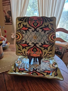 Maxcera Orange Talavera 11" Square 2 Dinner Plates Green Blue Orange Yellow EUC - Picture 1 of 24