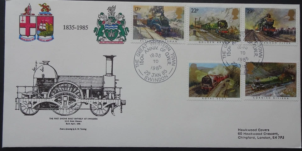 Famous Trains 1985 GWR aniversario oficial Hawkwood FDC con SHS Foto 1 de 2