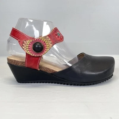 Sandalias de cuña L'Artiste Spring Step Glovely para mujer talla 40 zapatos de cuero negro Foto 1 de 4