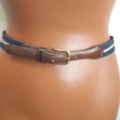 Coach Navy Tan Stripe Stretch Leather Belt Sz 28 Vintage 90s Y2k Nautical Preppy - Image 1 of 4