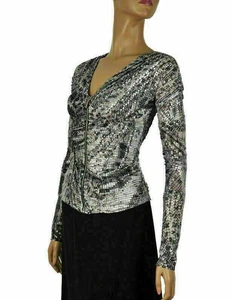 ROBERTO CAVALLI TOP RUCHED ZIPPERED BLOUSE LONG SLEEVE SNAKE $1,575 S SMALL - Picture 1 of 7