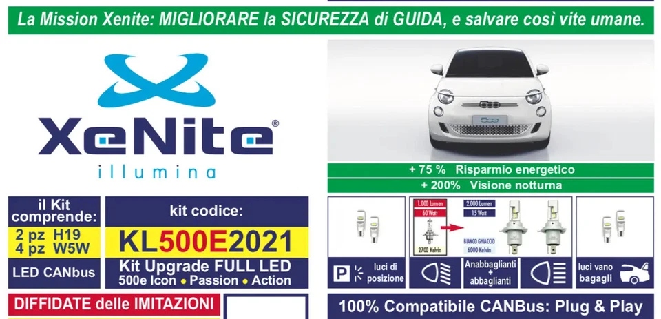 XeNite KIT FULL LED ORIGINALE FIAT 500e (332) elettrica H4 H19 GARANZIA 24 mesi - Imagen 1 de 4
